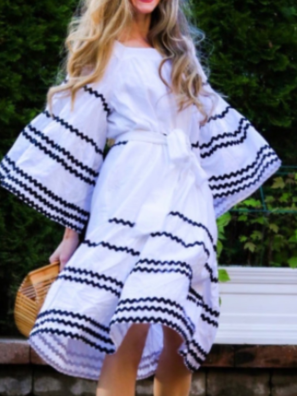Lisa Marie Fernandez for Target white linen-blend dress with black ric-rac trim.